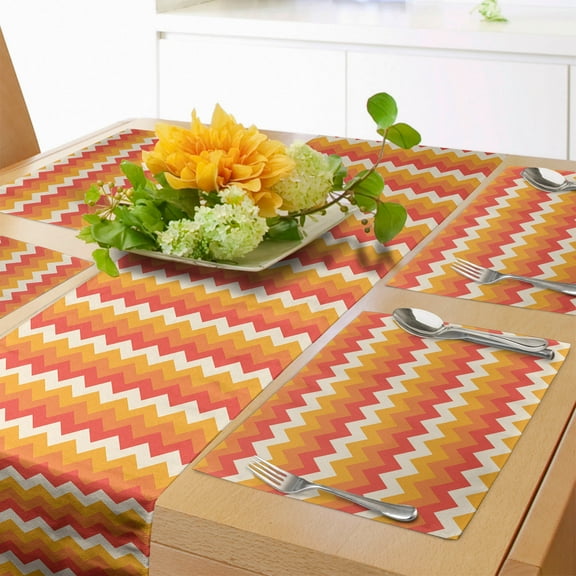 Ambesonne Chevron Table Runner & Placemats, Modern Line Graphic Design, Placemat 4 pcs + Runner 12"x72", Vermilion Orange