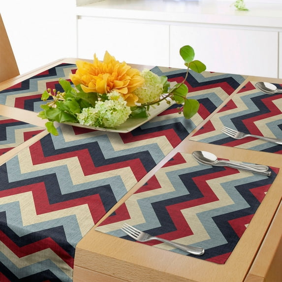 Ambesonne Chevron Table Runner & Placemats, Retro Abstract Stripes, Placemat 4 pcs + Runner 12"x90", Pale Blue Navy Blue