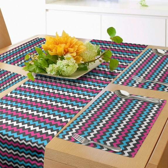 Ambesonne Chevron Table Runner & Placemats, Zigzag Colorful Twisty, Placemat 4 pcs + Runner 12"x72", Pink Sky Blue Black