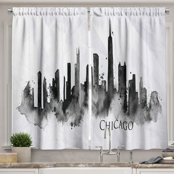 Ambesonne Chicago Kitchen Curtains, Grunge Landscape, 55"x39", Black Charcoal Grey