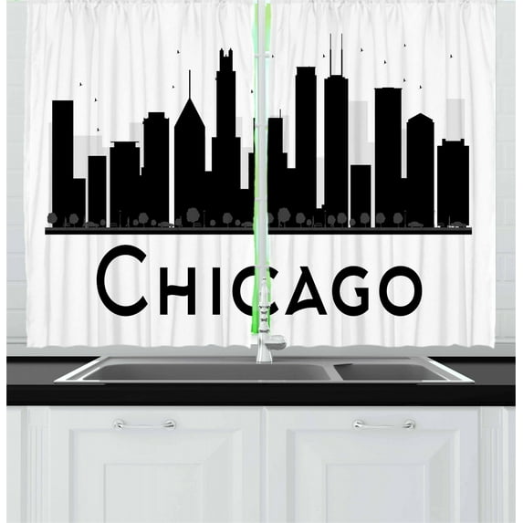 Ambesonne Chicago Kitchen Curtains, Urban Building Silhouettes, 55"x39", Black and White