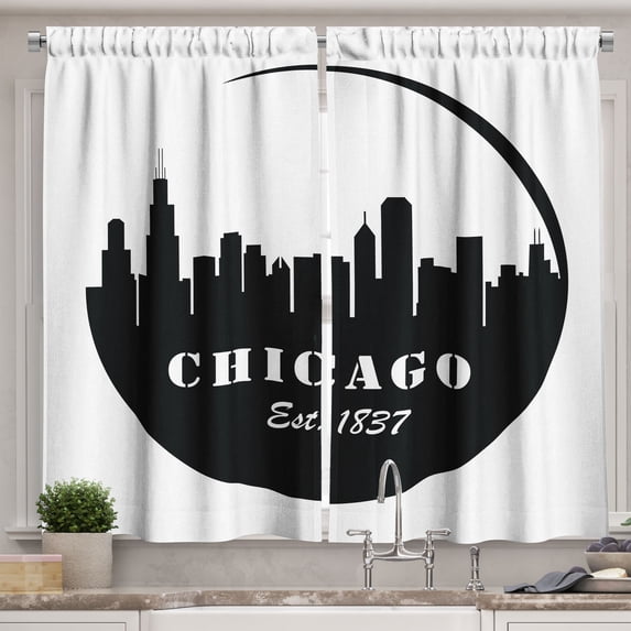 Ambesonne Chicago Skyline Kitchen Curtains, Black Panorama, 55"x39", Black and White