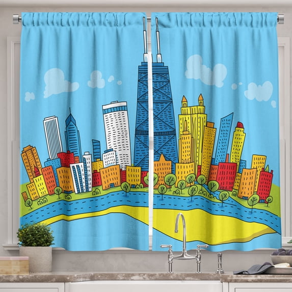 Ambesonne Chicago Skyline Kitchen Curtains, Cartoon City View, 55"x39", Multicolor