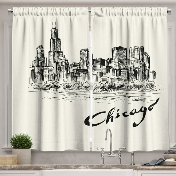 Ambesonne Chicago Skyline Kitchen Curtains, Vintage Sketch, 55"x45", Black and Cream
