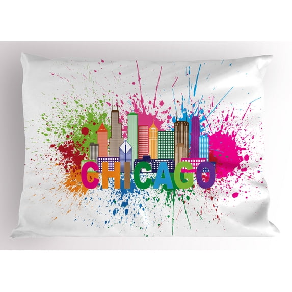 Ambesonne Chicago Skyline Pillow Sham, City and Color Spot, 36" X 20", Multicolor