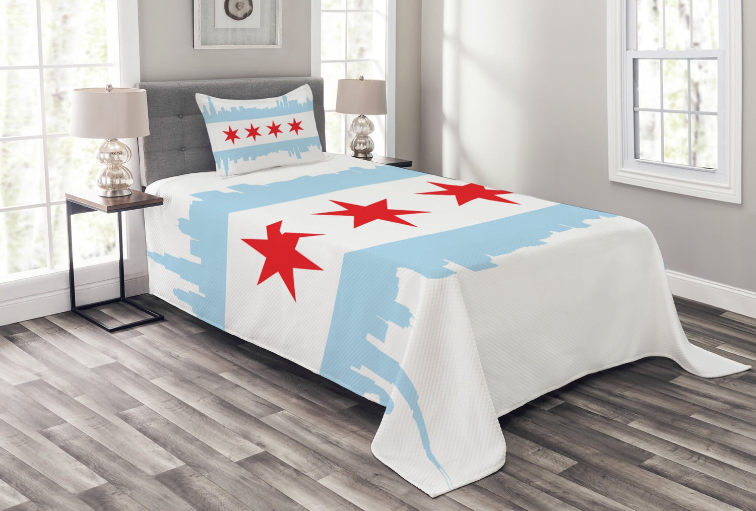 White and Pale Blue Twin Quilted Bedspread Set with Pillow Sham