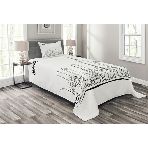 Ambesonne Chicago Skyline Quilted Bedspread Set 2 Pcs, Downtown Sketch, Twin Size, Black White