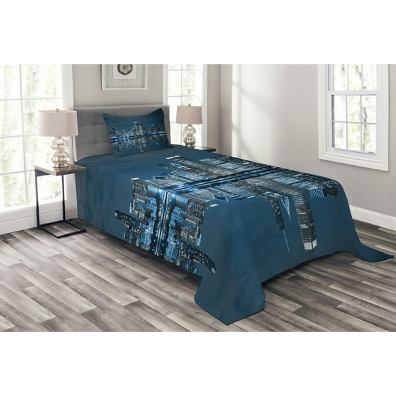 Ambesonne Chicago Skyline Quilted Bedspread Set 2 Pcs, Sleeping City, Twin Size, Night Blue Grey