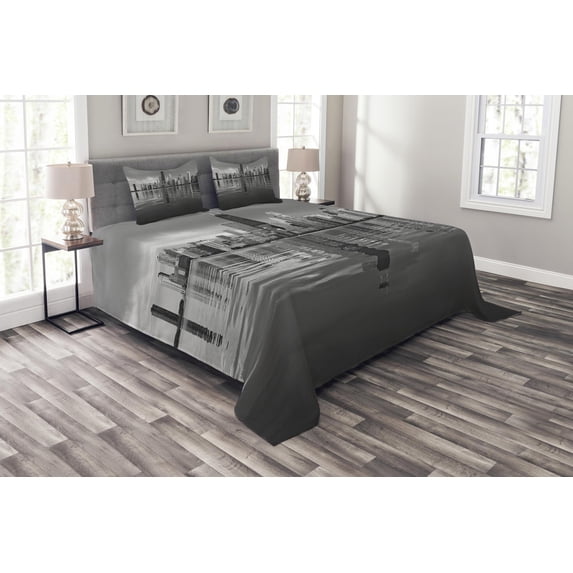 Ambesonne Chicago Skyline Quilted Bedspread Set 3 Pcs, Harbor Coastal Town, King Size, Black and White