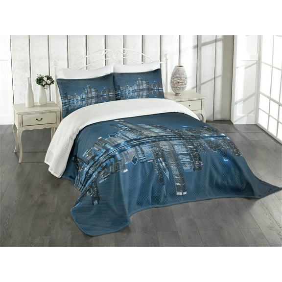 Ambesonne Chicago Skyline Quilted Bedspread Set 3 Pcs, Sleeping City, Queen Size, Night Blue Grey
