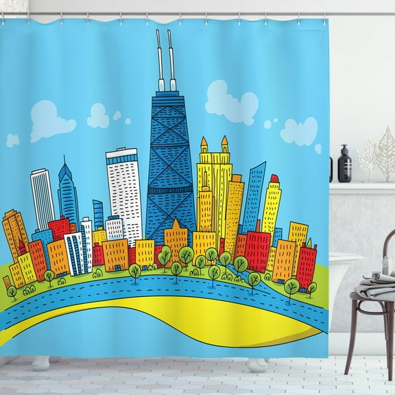 Ambesonne Chicago Skyline Shower Curtain, Cartoon City View, 69"Wx75"L, Multicolor