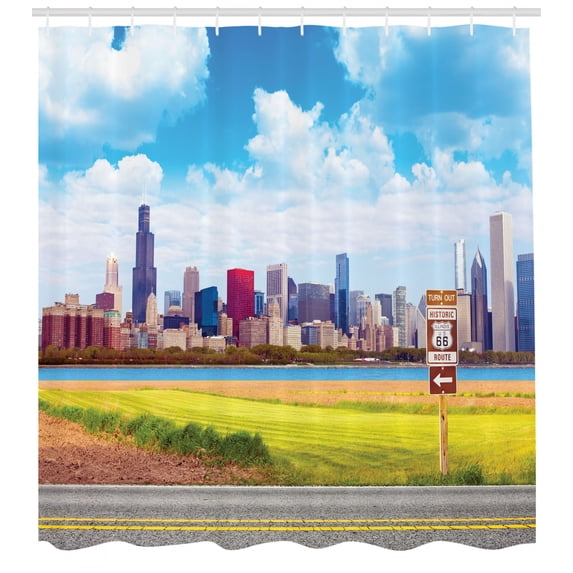 Ambesonne Chicago Skyline Shower Curtain, Famous Route 66, 69"Wx75"L, Multicolor