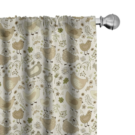 Ambesonne Chicken 4-Panel Curtains, Chunky Farm Animals Flowers, 56"x84", Brown Camel