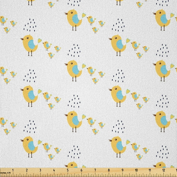 Ambesonne Chicken Fabric by the Yard Microfiber, Cartoon Animals and Dots, 10 Yards, Mustard Turquoise White