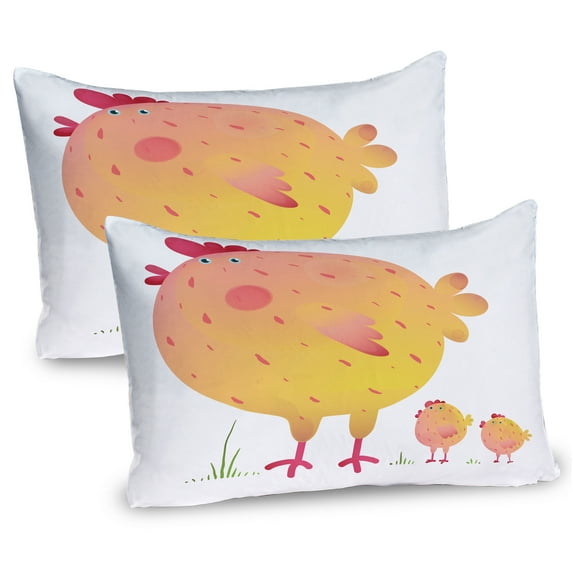 Ambesonne Chicken Pillow Sham 2 Pack, Mother Hen and Chicks, 26"x20", Pale Orange Dark Coral