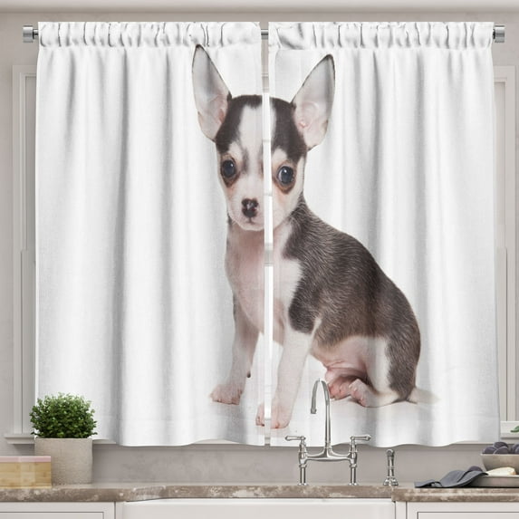 Ambesonne Chihuahua Kitchen Curtains, Ears Innocent Eyes, 55"x45", Pale Eggshell and Taupe