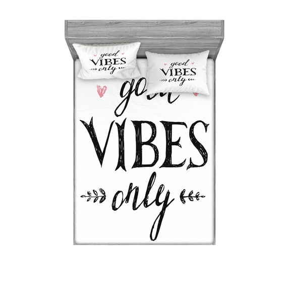 Ambesonne Chill Fitted Sheet & Pillow Sham Set, Hand Drawn Leaves Hearts, King, Black White Pink