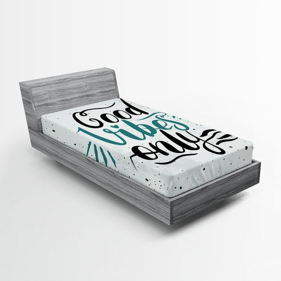 Ambesonne Chill Fitted Sheet, Positive Vibes Calligraphy, Twin Size, Teal Black Beige