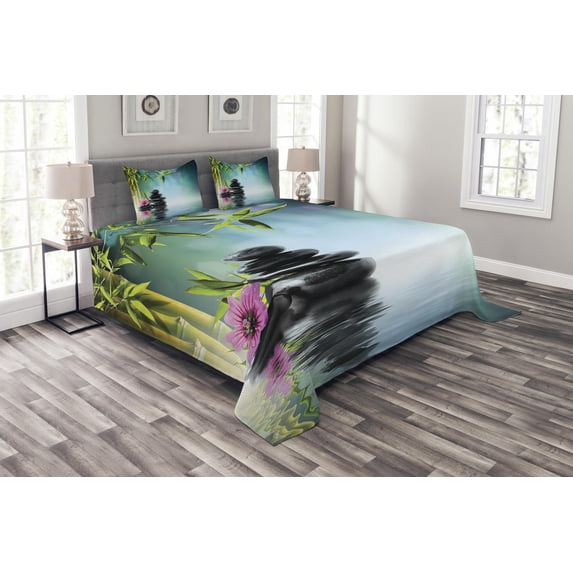 Ambesonne Chill Garden Quilted Bedspread Set 3 Pcs, Flower and Stones Art, Queen Size, Multicolor