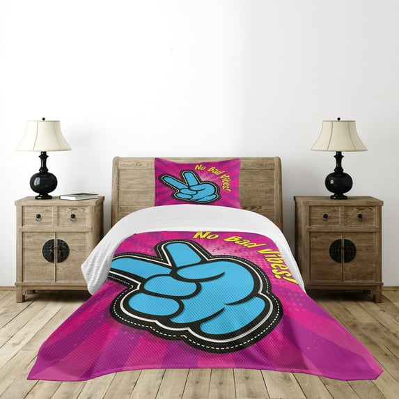 Ambesonne Chill Quilted Bedspread Set 2 Pcs, No Bad Vibes Vintage, Twin Size, Magenta Yellow Blue