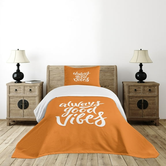 Ambesonne Chill Quilted Bedspread Set 2 Pcs, Vibes Positive, Twin Size, Orange White