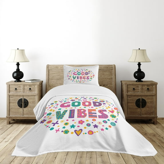 Ambesonne Chill Quilted Bedspread Set 2 Pcs, Word Art Positive, Twin Size, Multicolor