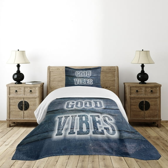 Ambesonne Chill Quilted Bedspread Set 2 Pcs, Words on Wood Planks, Twin Size, Dark Blue White
