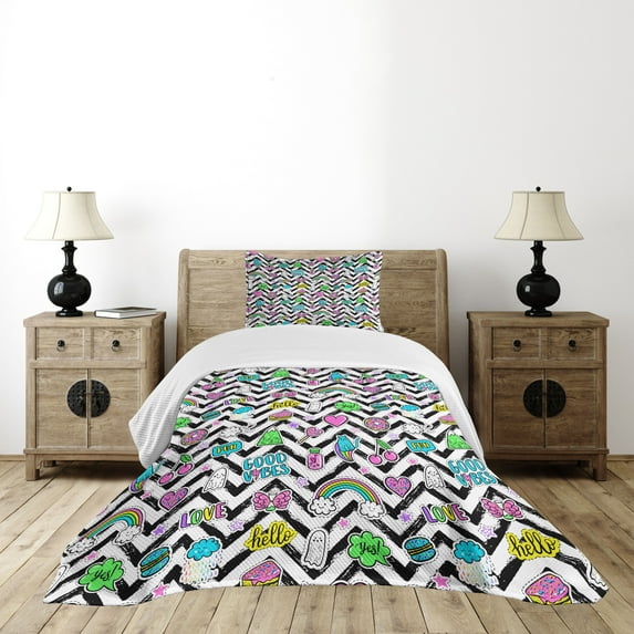 Ambesonne Chill Quilted Bedspread Set 2 Pcs, Zigzag Colorful, Twin Size, Multicolor