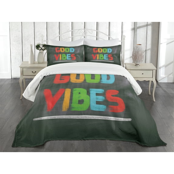 Ambesonne Chill Quilted Bedspread Set 3 Pcs, Blackboard Colorful, King Size, Multicolor