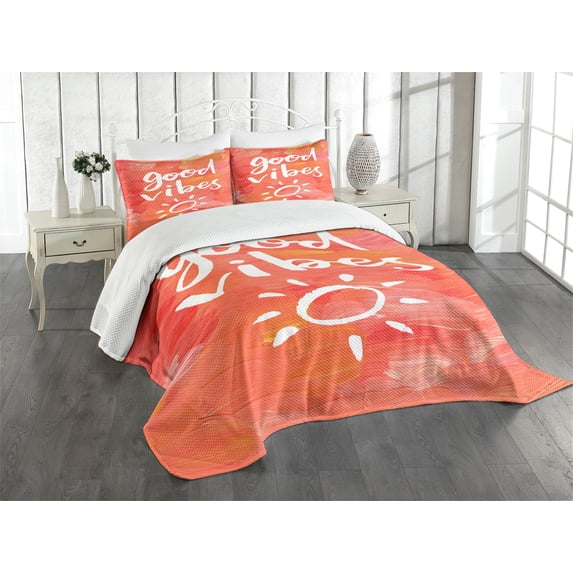 Ambesonne Chill Quilted Bedspread Set 3 Pcs, Brushstrokes and Life Message, Queen Size, Dark Coral White