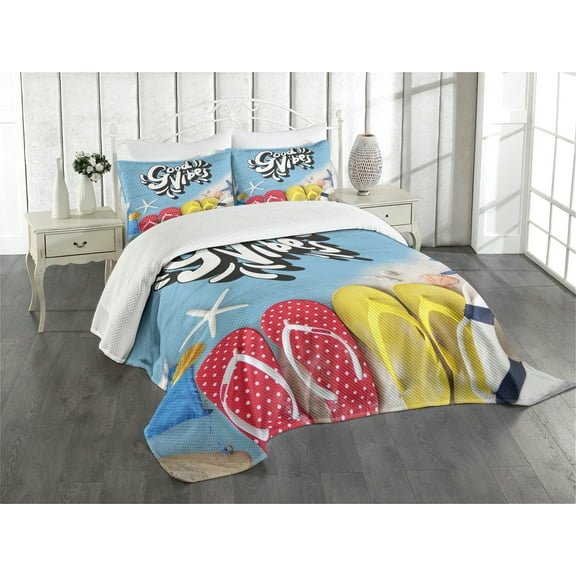 Ambesonne Chill Quilted Bedspread Set 3 Pcs, Flip Flops Summer, Queen Size, Multicolor