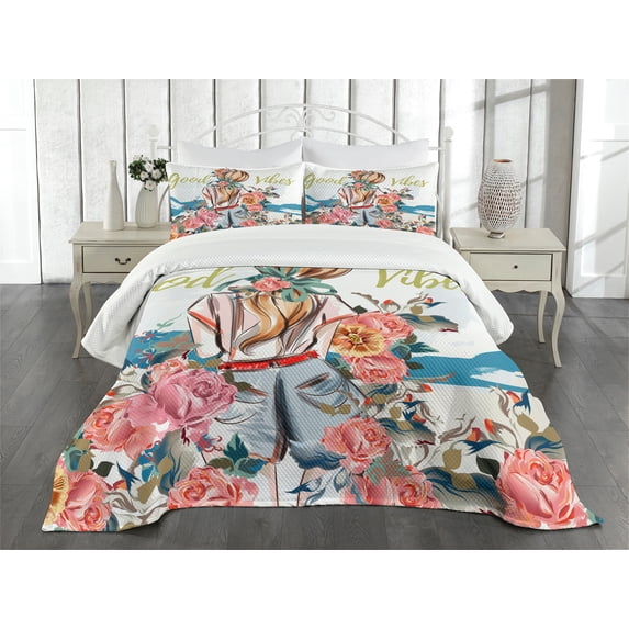 Ambesonne Chill Quilted Bedspread Set 3 Pcs, Girl Rose Flourish, King Size, Multicolor