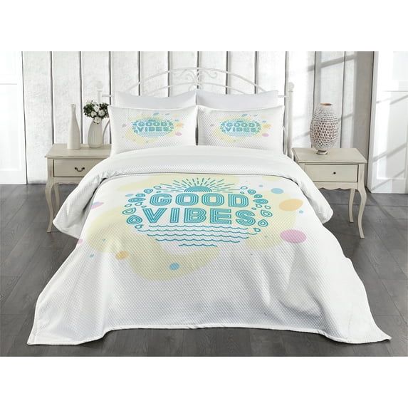 Ambesonne Chill Quilted Bedspread Set 3 Pcs, Ocean Summer Beach, Queen Size, Turquoise Yellow Pink
