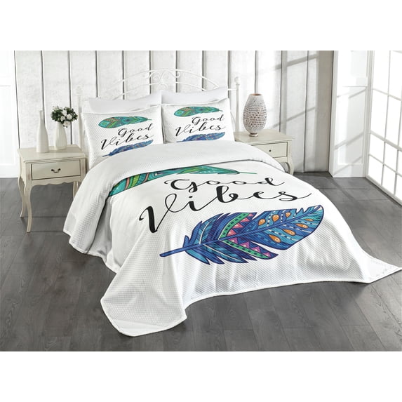 Ambesonne Chill Quilted Bedspread Set 3 Pcs, Positive Vibes Boho Wording, King Size, Multicolor