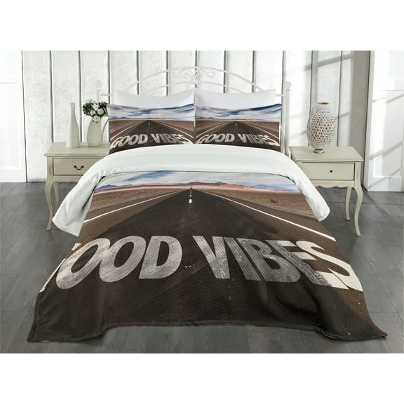 Ambesonne Chill Quilted Bedspread Set 3 Pcs, Roadme, Queen Size, Brown Dark Blue White