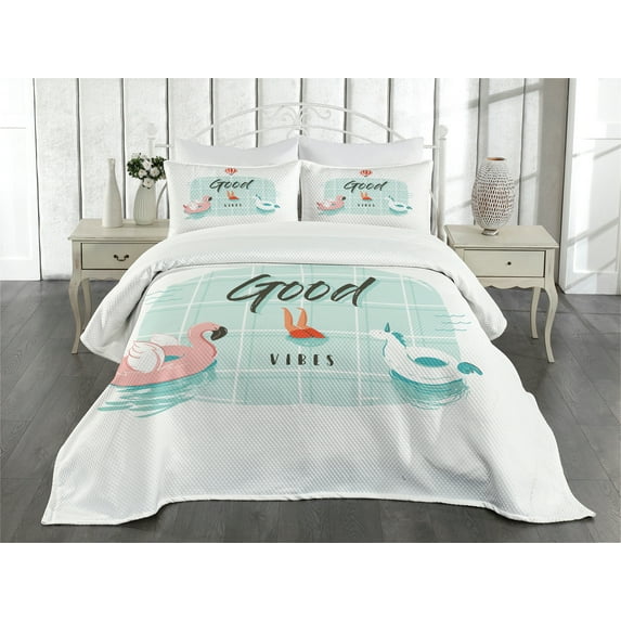 Ambesonne Chill Quilted Bedspread Set 3 Pcs, Summertime Fun Joy, Queen Size, Pale Green Coral Black