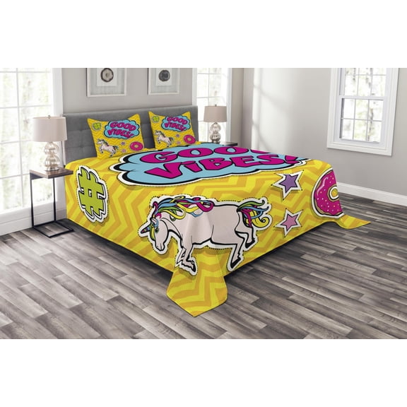 Ambesonne Chill Quilted Bedspread Set 3 Pcs, Unicorn Donut Fun, Queen Size, Multicolor