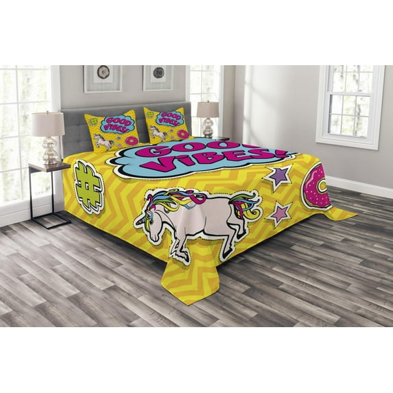 Ambesonne Chill Quilted Bedspread Set 3 Pcs, Unicorn Donut Fun, Queen Size, Multicolor