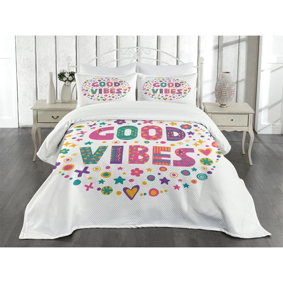 Ambesonne Chill Quilted Bedspread Set 3 Pcs, Word Art Positive, King Size, Multicolor