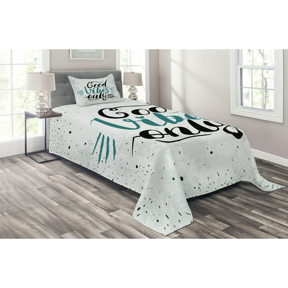 Ambesonne Chill Quilted Coverlet 2 Pcs, Positive Vibes Calligraphy, Twin Size, Teal Black Beige