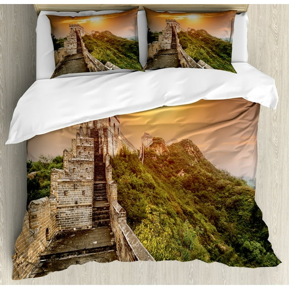 Ambesonne China Duvet Cover Sets, Heritage Bricks, 2-King, Orange Green