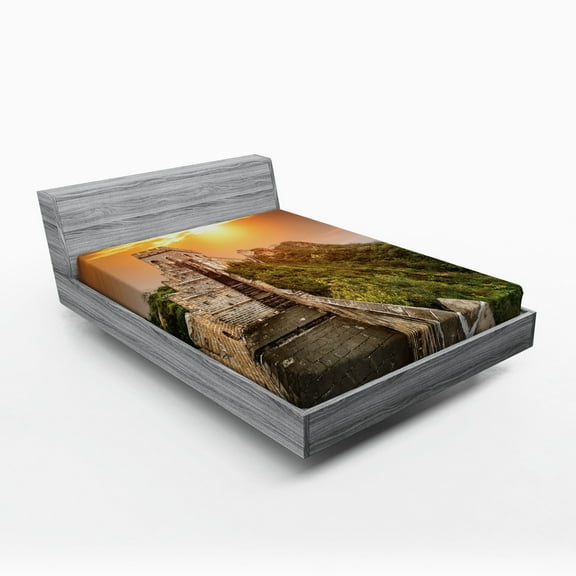 Ambesonne China Fitted Sheet, Heritage Bricks, Queen Size, Orange Green