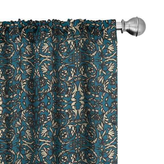 Ambesonne Chinese Window Curtains, Oriental Antique Scroll, Each 28" W x 84" L, Petrol Blue and Cream