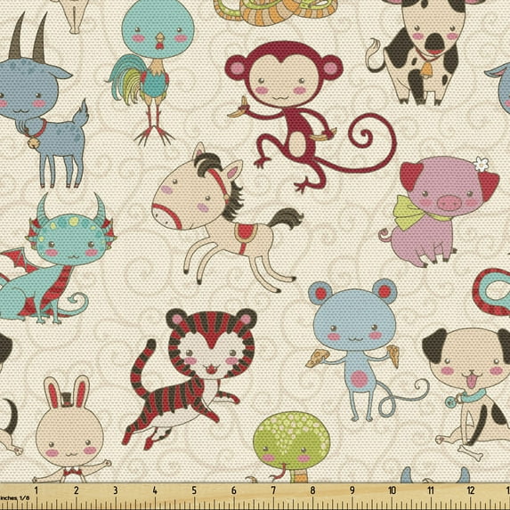 Ambesonne Chinese Fabric by the Yard Upholstery, Doodle Zodiac Animals, 2 Yards, Multicolor