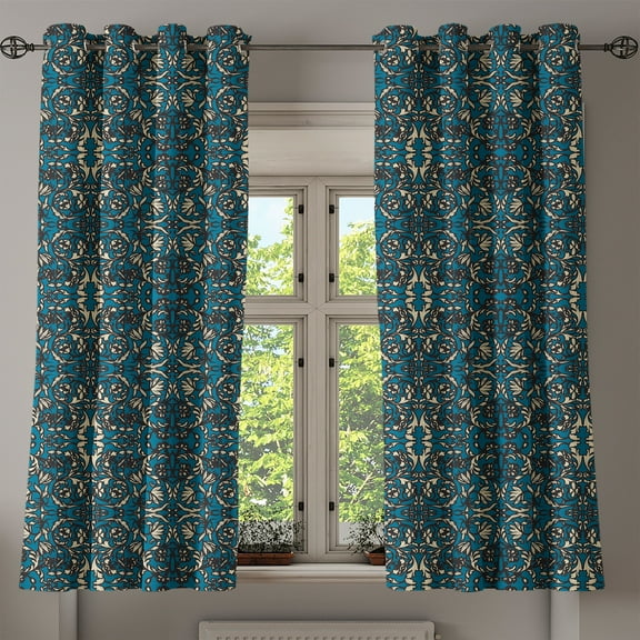 Ambesonne Chinese Grommet Curtain, Oriental Antique Scroll, 50" x 54", Petrol Blue and Cream