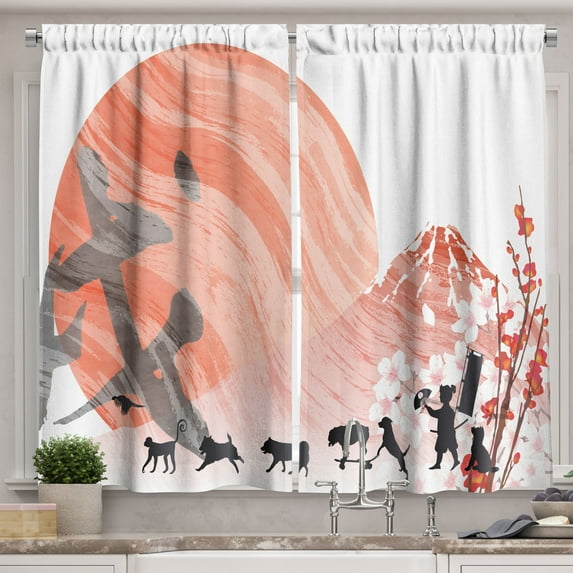 Ambesonne Chinese Kitchen Curtains, Happy New Year Orange Sun, 55"x45", Dark Grey Dark Salmon
