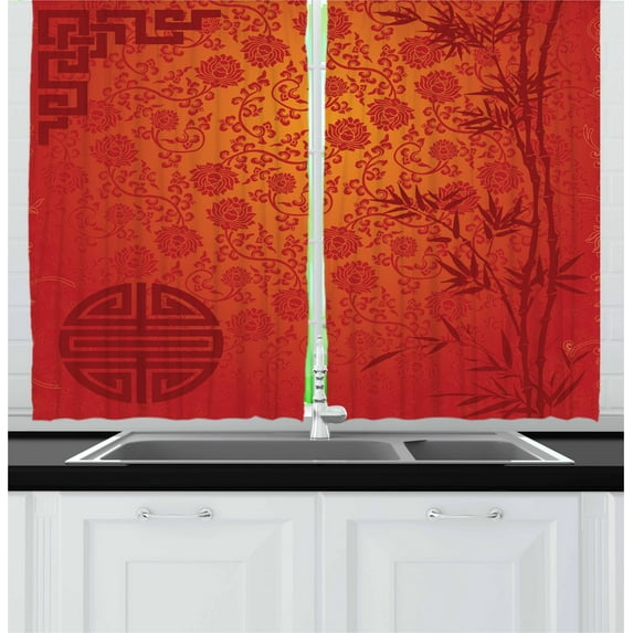 Ambesonne Chinese Kitchen Curtains, Traditional Nature Art, 55"x39", Pale Orange Burgundy