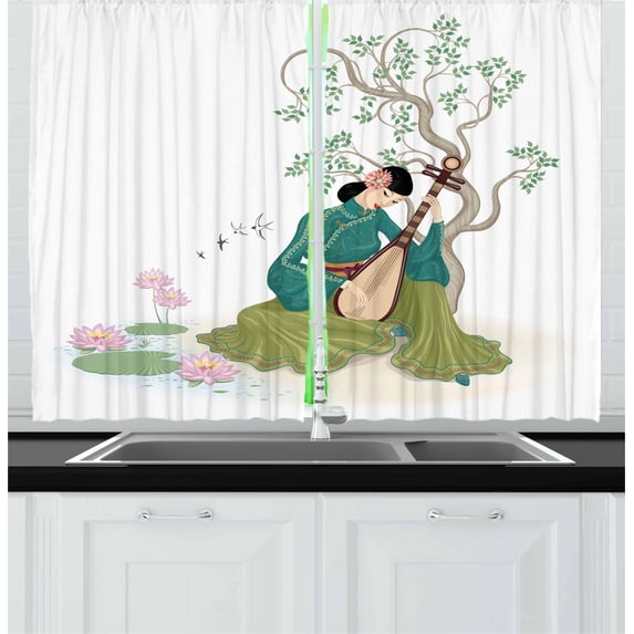 Ambesonne Chinese Kitchen Curtains, Woman Music Instrument, 55"x39", Multicolor