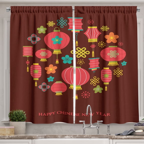 Ambesonne Chinese New Year Kitchen Curtains, Circle Folk Knots, 55"x39", Multicolor