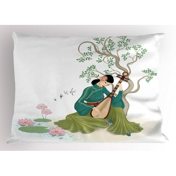 Ambesonne Chinese Pillow Sham, Woman Music Instrument, 36" X 20", Multicolor